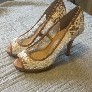 Antonio Melani peep toe cream lace and camel leather shoes